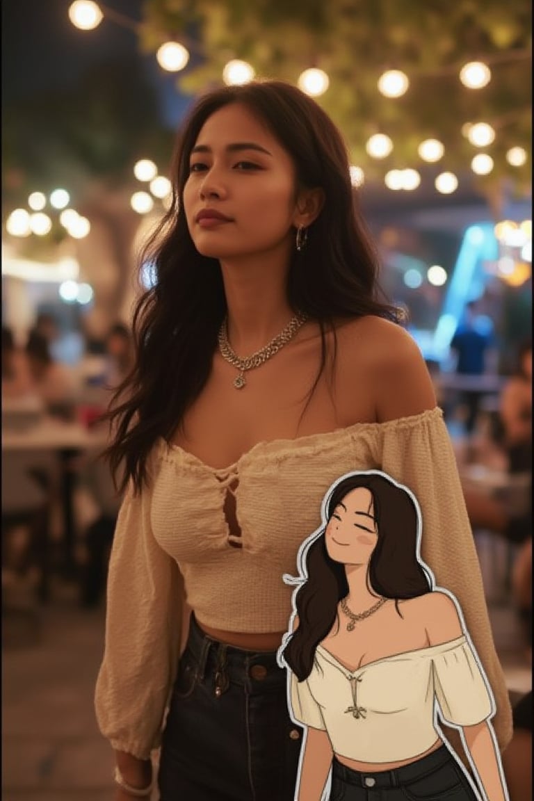 A Latina woman in a trendy off-shoulder top, twirling under string lights at an outdoor café. Overlapping with the image, there is a vector illustration of the same woman.