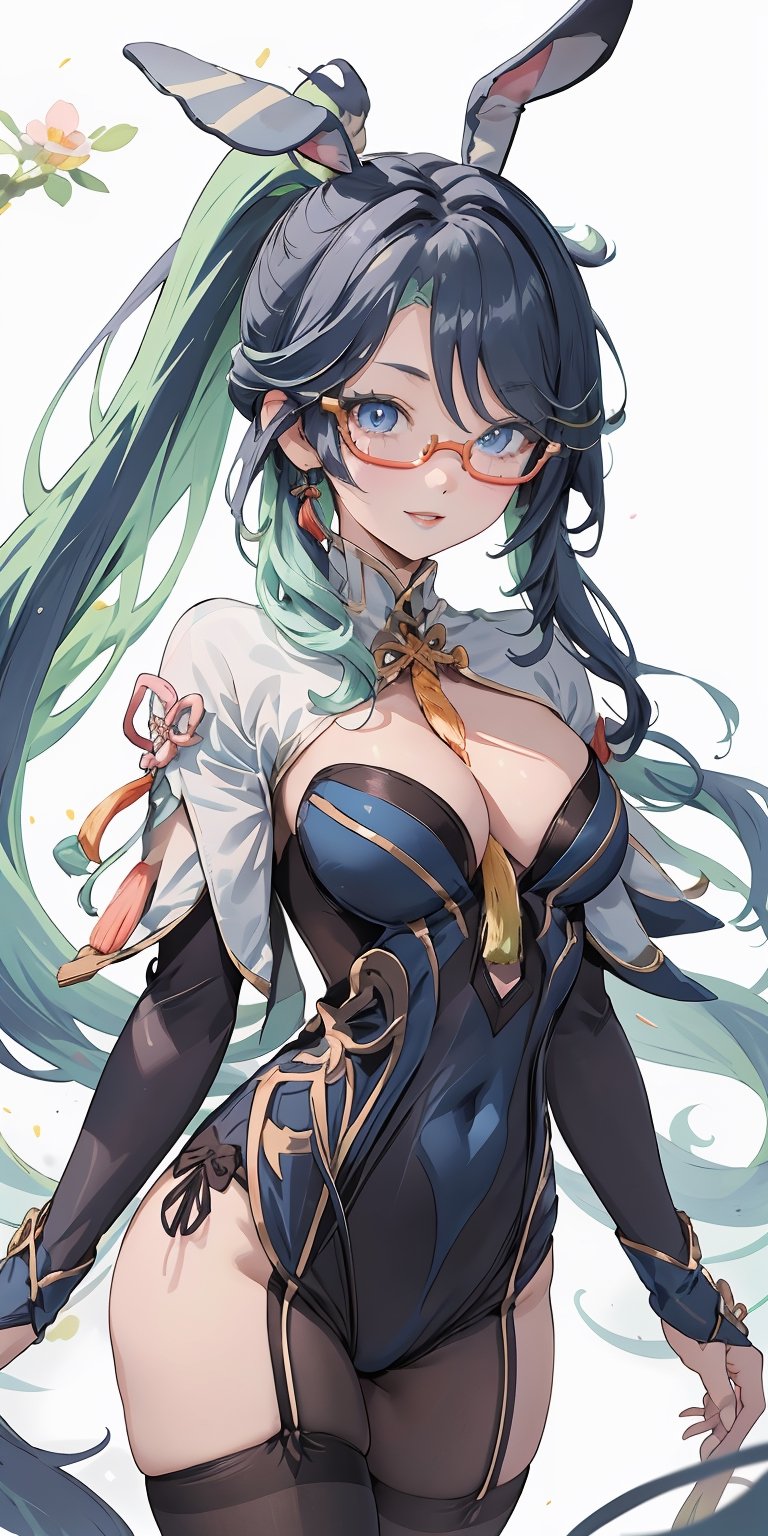 (masterpiece), best quality, ultra-detailed, illustration, (kawaii style:1.4), pastel colors, kawaii, cute colors, pastel colors, 1girl , long hair,  ponytail,  multicolored hair,  hair ornament, semi-rimless eyewear, glasses,  blue eyes, milf, deep cleavage, ((bunny outfit)), navel, looking at viewer, medium breasts, parted lips, purple eyes, rabbit ears, smile, solo, thighhighs,  wrist cuffs, leotard, pantyhose, playboy bunny, ribbon, strapless, strapless leotard, thighband pantyhose, rabbit ears, blue leotard, ,long hair, chinese ornament, simple background