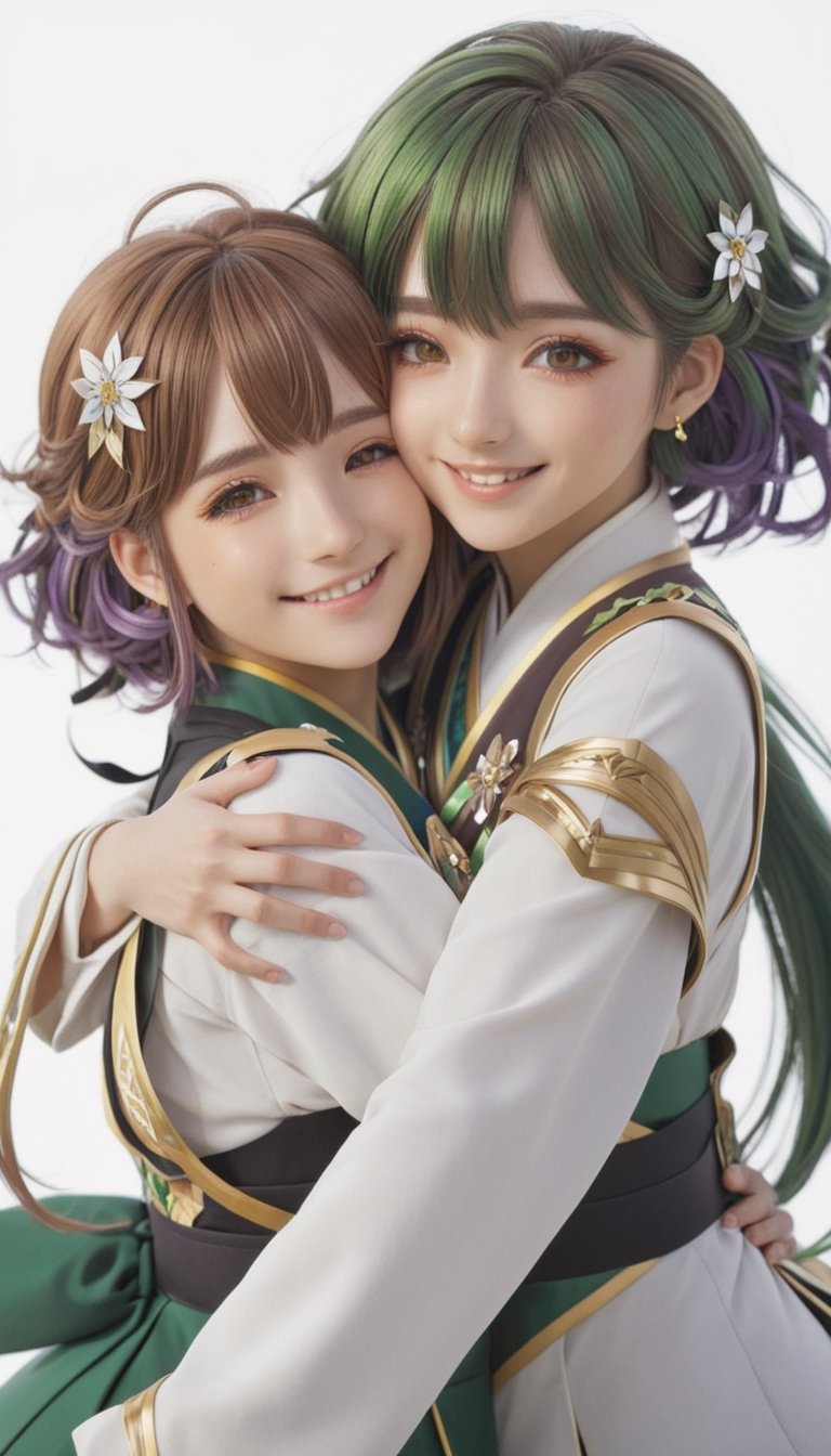 masterpiece, ultra detailed, high quality, 2girls, multiple girls, [hug], upper body, white background, yuri 1girl, collei, genshin impact, green hair, hair between eyes, bangs, medium hair, hair ornament, closed eyes, smile, v, 1girl, amber, genshin impact, brown hair, crossed bangs, hair between eyes, brown eyes, :o, smile, v