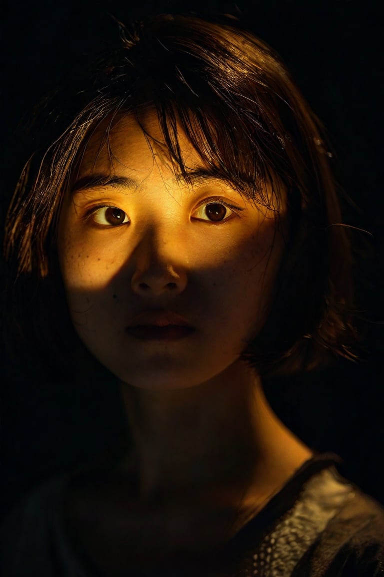 A mysterious Japanese girl with short hair gazes softly into the camera lens, her features illuminated by a subtle golden glow against a deep black background. Her slender figure is framed by the darkness, her eyes and skin tones standing out in striking contrast, low key portrait
