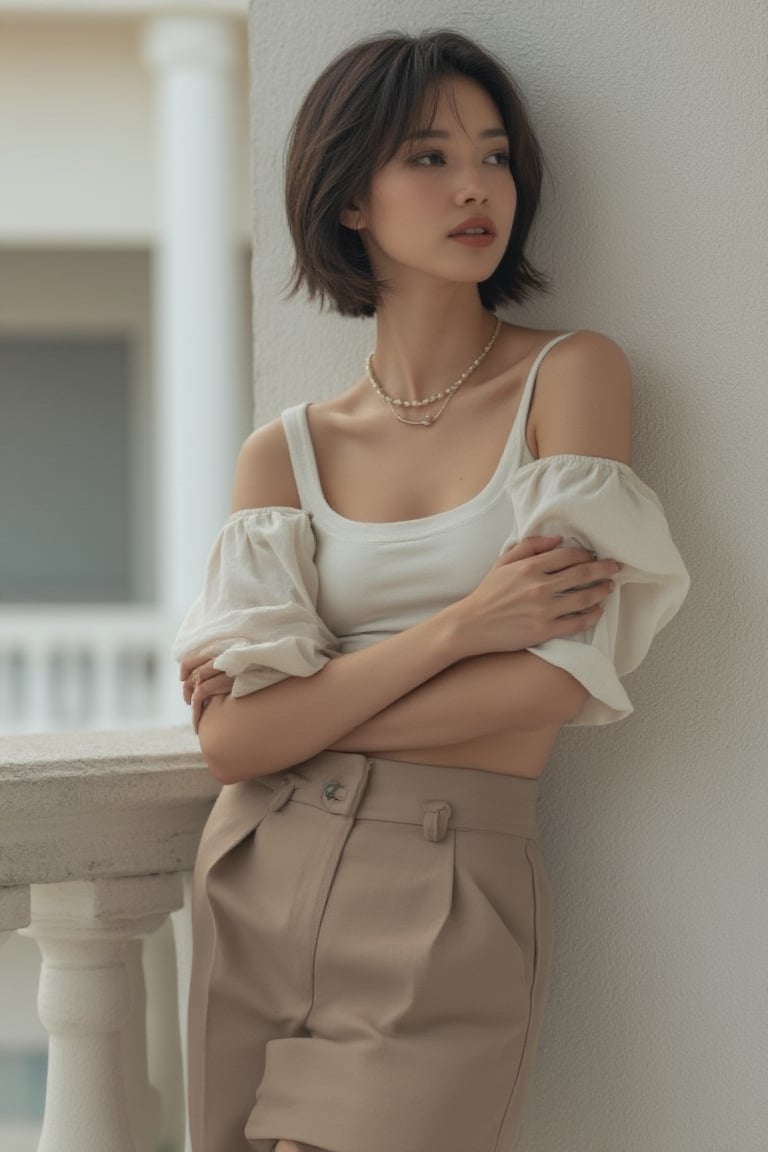 A stylish short_hair woman stand confidently on a balcony, wearing a structured cropped blouse and tailored shorts in neutral tones. Her arms are crossed, and she gazes thoughtfully into the distance, exuding sophistication.