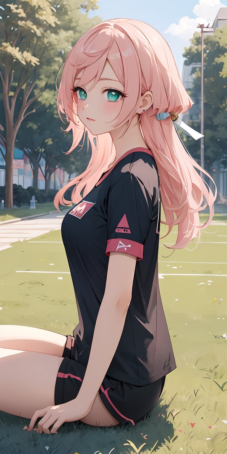 (masterpiece), best quality, ultra-detailed, illustration, kawaii style, pastel colors, , kawaii, cute colors, 1girl,frontview, yanfei \(genshin impact\), , pink hair, long hair, green eyes, alternate costume, black shirt, shirt, short sleeves, breasts, gym uniform, blue buruma, bare legs, thighs, (sitting), from side, depth of field, dated, schoolyard, grass,pastel colors