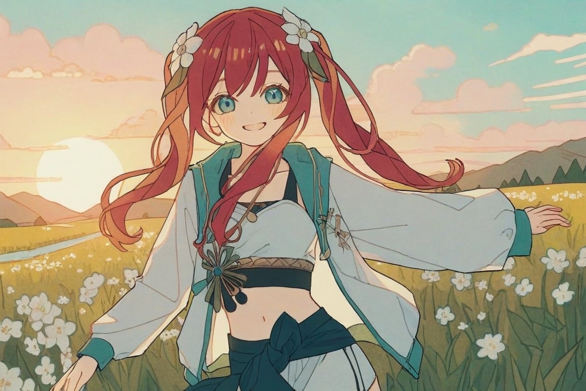 by tsvbvra, 1girl, Nilou Genshin Impact, aqua eyes, red hair, twintails, cute,  smiling, happy, ((looking at viewer)), navel, detailed outifit, kawaii, cute, white jacket, epic , sunrise, countryside, morning, flowery