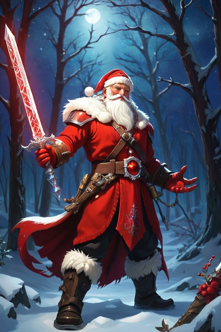 (Sword gifted by santa), The Frostforged Eclipsar is not merely a weapon but a symbol of hope and kindness. Heroes chosen to bear this mythical sword embark on quests to spread love and holiday cheer across the land, becoming emissaries of the season's magic. Legends recount tales of these valiant warriors, guided by the gentle glow of the Frostforged Eclipsar, as they traverse the world, bringing warmth and joy to all they encounter. Should the jingling of sleigh bells reach your ears on a snowy night, and you catch a glimpse of a crimson-clad figure in the distance, be prepared, for the Frostforged Eclipsar may find its way to you if your heart is true and your spirit ablaze with the magic of the season.
