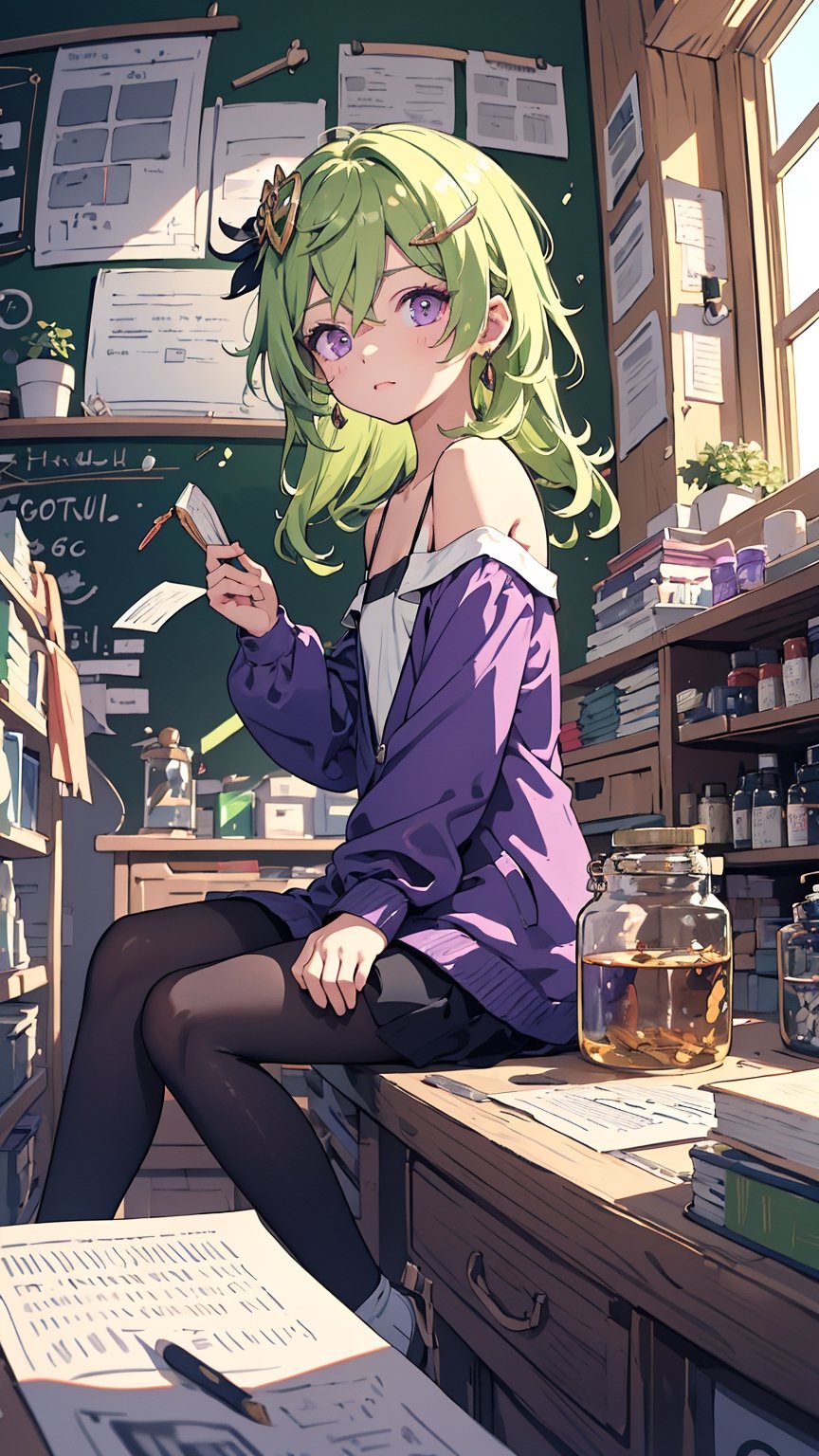 (expressive eyes:1), (masterpiece), best quality, ultra-detailed, illustration, kawaii, cute, small, (flat chested, loli, cute, petite), 1girl, (solo:1.2), colleirnd, sitting, study, looking at the blackboard, collei, green hair, medium hair, crossed bangs, sidelocks, (purple eyes), hair ornament, (casual clothes), depth of field, inside tree, books, (apothecary), messy,(indoor), depth of field, blackboard,