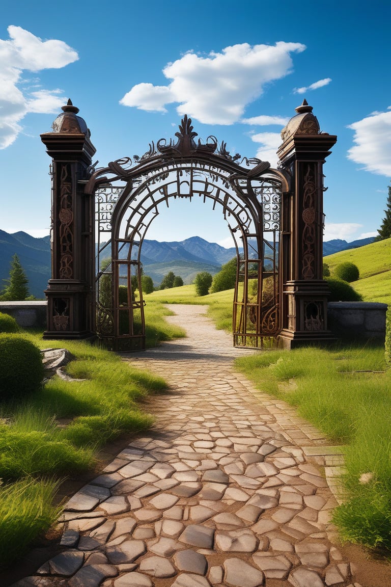 ((iron world, everything is made of iron)), A rusty iron gate creaks open to reveal a lush of vast landscape