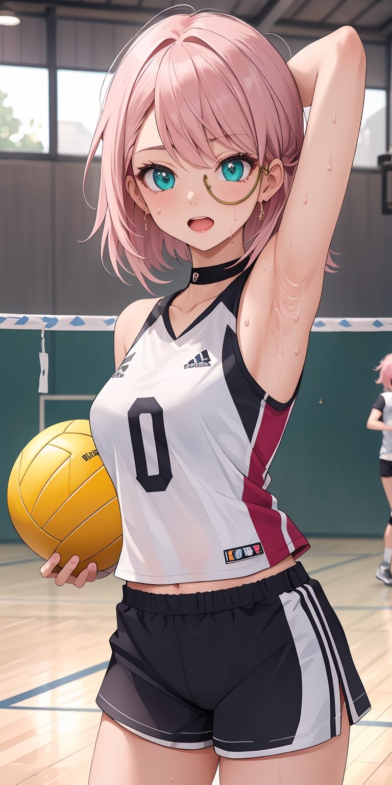 (masterpiece), best quality, ultra-detailed, illustration, kawaii style, pastel colors, kawaii, cute colors, pastel colors, Charlotteid, 1girl, (sweat:!.2), [navel], solo, pink hair, bangs, green eyes, (monocle), short hair, bare shoulders, , alternate costume, sportswear, volleyball uniform, shorts, shirt, white shorts, shoes, armpits, sleeveless, volleyball, holding, holding volleyball ball, looking at viewer, sneakers, sweat, sleeveless shirt, open mouth, arm up, ball, (volleyball indoor)