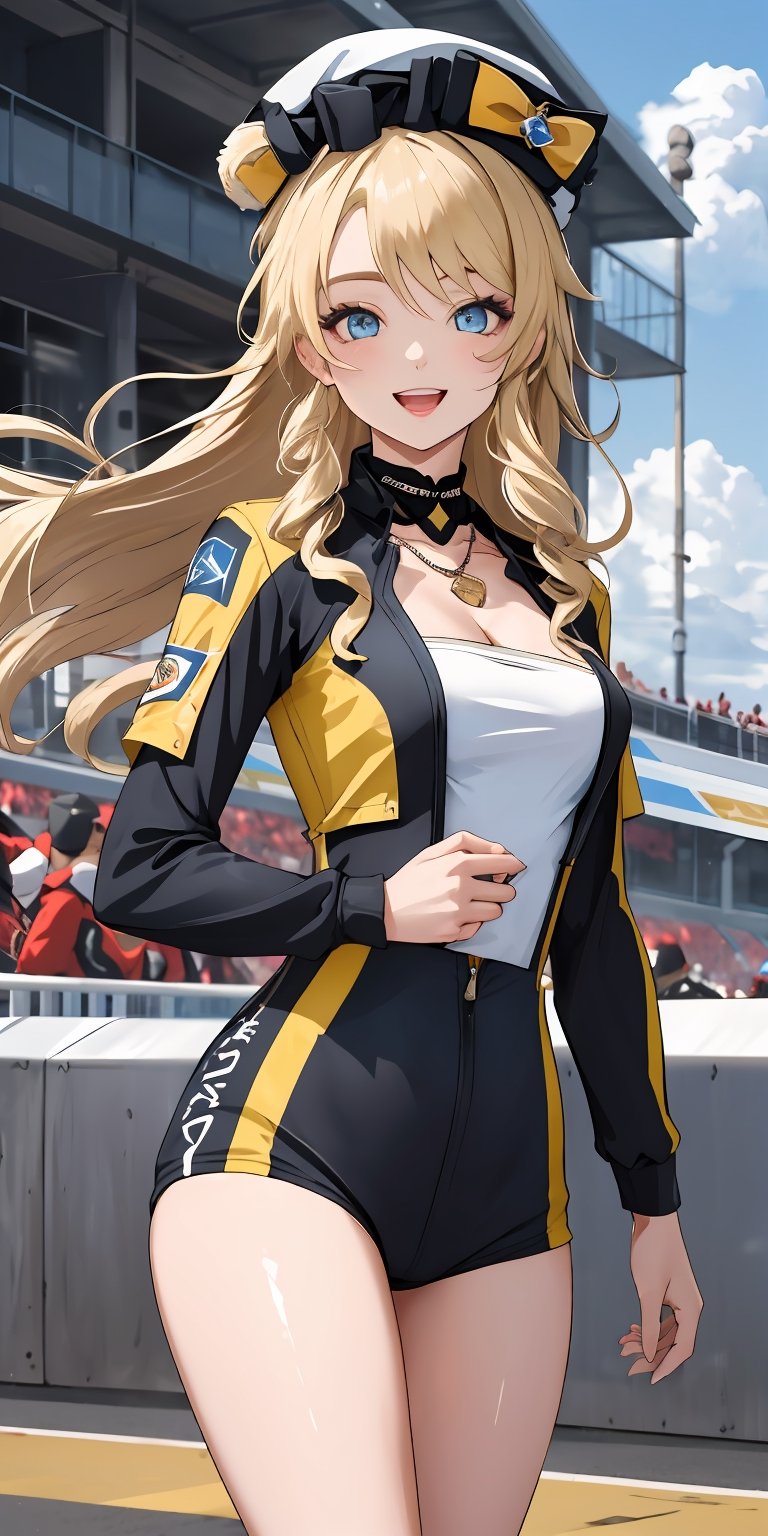 (masterpiece), best quality, ultra-detailed, illustration, beautiful face, 1girl, sporty, standing, smiling, open mouth, detailed lips, chocker, milf, mature, blonde hair, [green eyes|blue eyes], white beret, open jacket, yellow jacket, (racing outfit), racing dress, long hair, necklace, solo, drilled hair, very long hair, wavy hair, medium breasts, [[cleavage]], navia_gi, navia \(genshin impact\), ((blonde hair)) , scenery, kneehigh, windy, depth of field