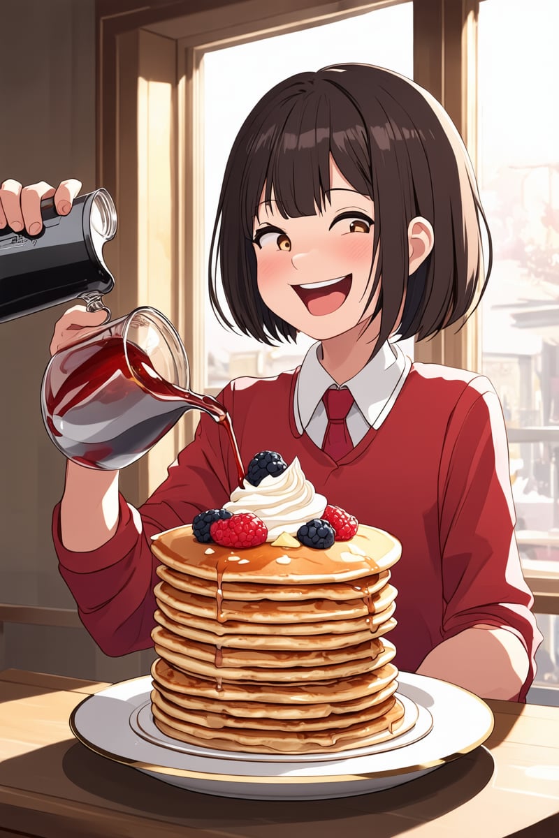 An anime-style scene of a girl with short, bobbed hair, pouring syrup over a towering stack of fluffy pancakes. She has a wide smile on her face, eagerly anticipating her first bite. The pancakes are topped with fresh berries, whipped cream, and a pat of melting butter, drawn in scrumptious detail. The background shows a cozy café setting, with the morning light streaming through the windows, creating a warm and inviting atmosphere.