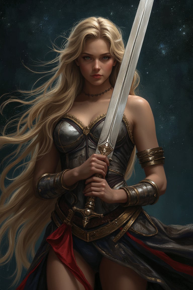 oil painting and digital_painting of a regal woman grasping a gleaming sword in a dramatic pose, her face a picture of determination and strength. Against a dark, starry night sky, she stands victorious, the sword's blade reflecting the celestial lights like a beacon. Her long hair flows like a golden river down her back, framing her powerful physique.