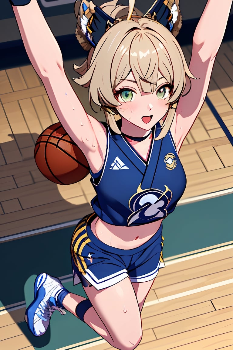 (masterpiece, sidelighting, finely detailed beautiful eyes: 1.2), masterpiece*portrait, 3d face, lustrous skin, 1girl, solo, kirara, ahoge, hair ornament, animal ears, , breasts, sportswear, shorts, shirt, white shorts, shoes, armpits, sleeveless, basketball, looking at viewer, jumping, basketball uniform, sneakers, sweat, sleeveless shirt, open mouth, arm up, ball, (from above), (basketball arena),kirara /(genshin impact/),kiraragenshin