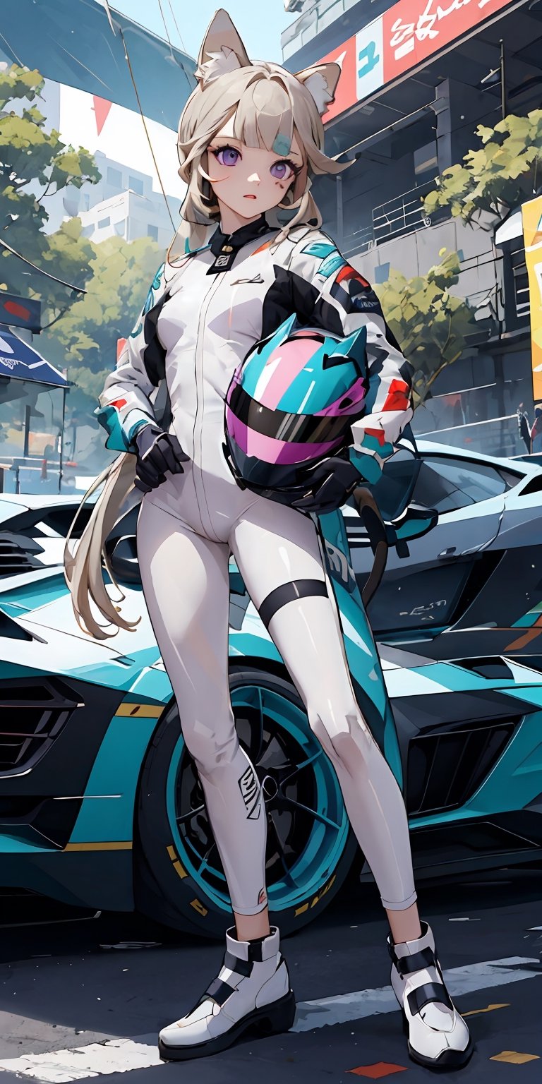 (masterpiece), best quality, ultra-detailed, illustration, kawaii, cute colors, contrast color, pastel colors, , 1girl ,standing, full body, holding red helmet, (red helmet under the arm), full body, detailed lips, lynette, , lynette \(genshin impact\), blonde hair, blunt bangs, bow, long hair, (animal ears:1.2), perfect face, purple eyes, expressive eyes, facial mark, teal white black, black full leather outfit, racing outfit, car race, bodysuit, teals shoes, ((supercar on background)), sport pants, asymmetrical stocking, depth of field