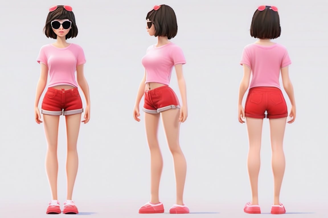 character sheet of realistic cute girl in pink crop top, short hair, wearing sunglass, stylish, red shorts, white background, front , side, and behind