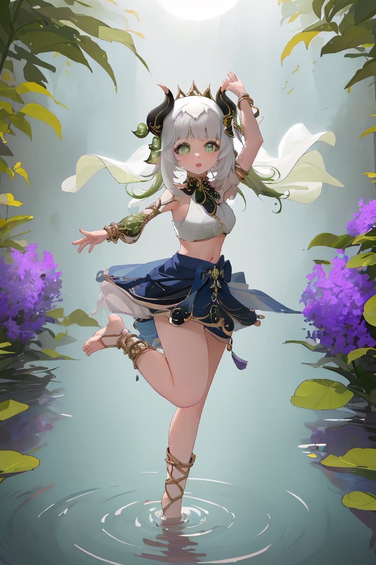 1girl, cleavage, milf body, adult, standing, contrapossto, blush, parted lips, dancing,bare legs, bare foot, navel,
((nahida's face; nahida's hair; green eyes, elf ears)), 
((nilou's outfit; nilou cosplay, nilodef, crop top, jewelry, horns, veil, bracer, brooch, long sleeves, puffy long sleeves, skirt, bangs, twintails, puffy sleeves, neck ring, gold trim, parted bangs, arm up, circlet, blue skirt, hair ornament, detached sleeves, low twintails, floating hair, gem, hair flower, blue gemstone, dancer, white headwear, medium breasts, midriff)), milf, cute, on pond, above water, forest, animals, purple flower garden,  (knee), niloudef,nilou (genshin impact)