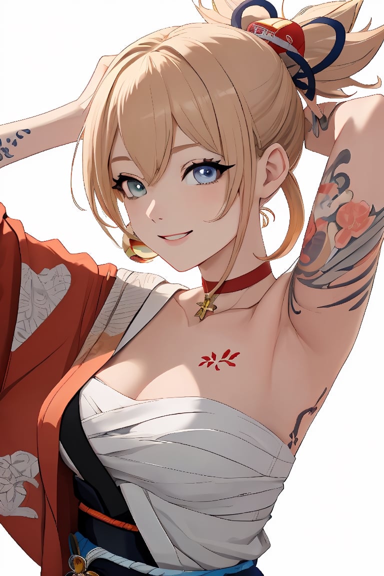 (masterpiece, sidelighting, finely detailed beautiful eyes: 1.2), masterpiece*portrait, 3d face, lustrous skin, 1girl, yoimiya \(genshin impact\), origen, , blonde hair, ponytail, bangs, hair ornament, smile, tattoo, arm tattoo, chest tattoo, bandages, bandaged arm, red kimono, breasts, choker, arms up, tying hair, armpits, white background, upper body,yoimiyadef