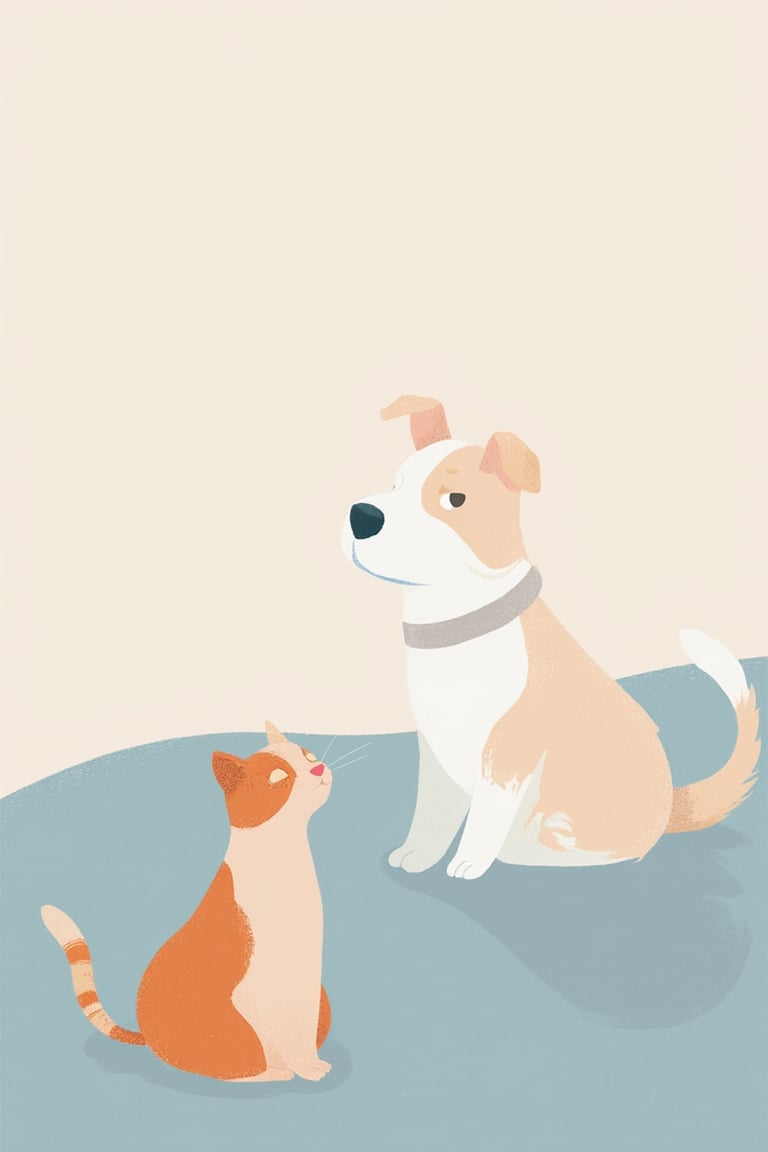 flat_art illustration of a curious cat and playful dog sitting together on a flat, textured surface, surrounded by soft, muted colors. The cat's ears are perked up, while the dog's tail is wagging gently. The composition is simple yet engaging, with the two friends facing each other in harmony.