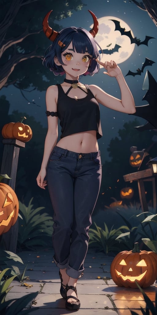 (masterpiece, sidelighting, beautiful eyes), cute, kawaii, (illustration), 1girl, (devil), ((red skin)), (red horn), black tank top, navy long pants, navel:0.6, full body, claw pose:1.2, devilish eyes, yellow eyes, short hair, blue hair, hair ornament, hair rings, hairclip, twin braids, , ((halloween)), (a jack o'lantern), outdoor