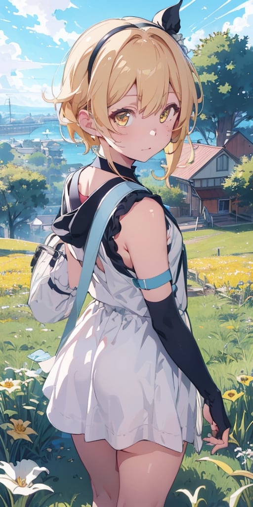 (masterpiece), best quality, ultra-detailed, illustration, (kawaii style:1.4), pastel colors, kawaii, cute colors, , 1girl,  ,lumine_genshin,  blonde hair, short hair with long locks, yellow eyes, head flowers, feather hair ornament, sleeveless, white layered dress, high-low skirt, partially fingerless gloves, over the elbow gloves, bare shoulders, from below, from back, [ass,] no panties, outdoors, field, sky,luminezjj