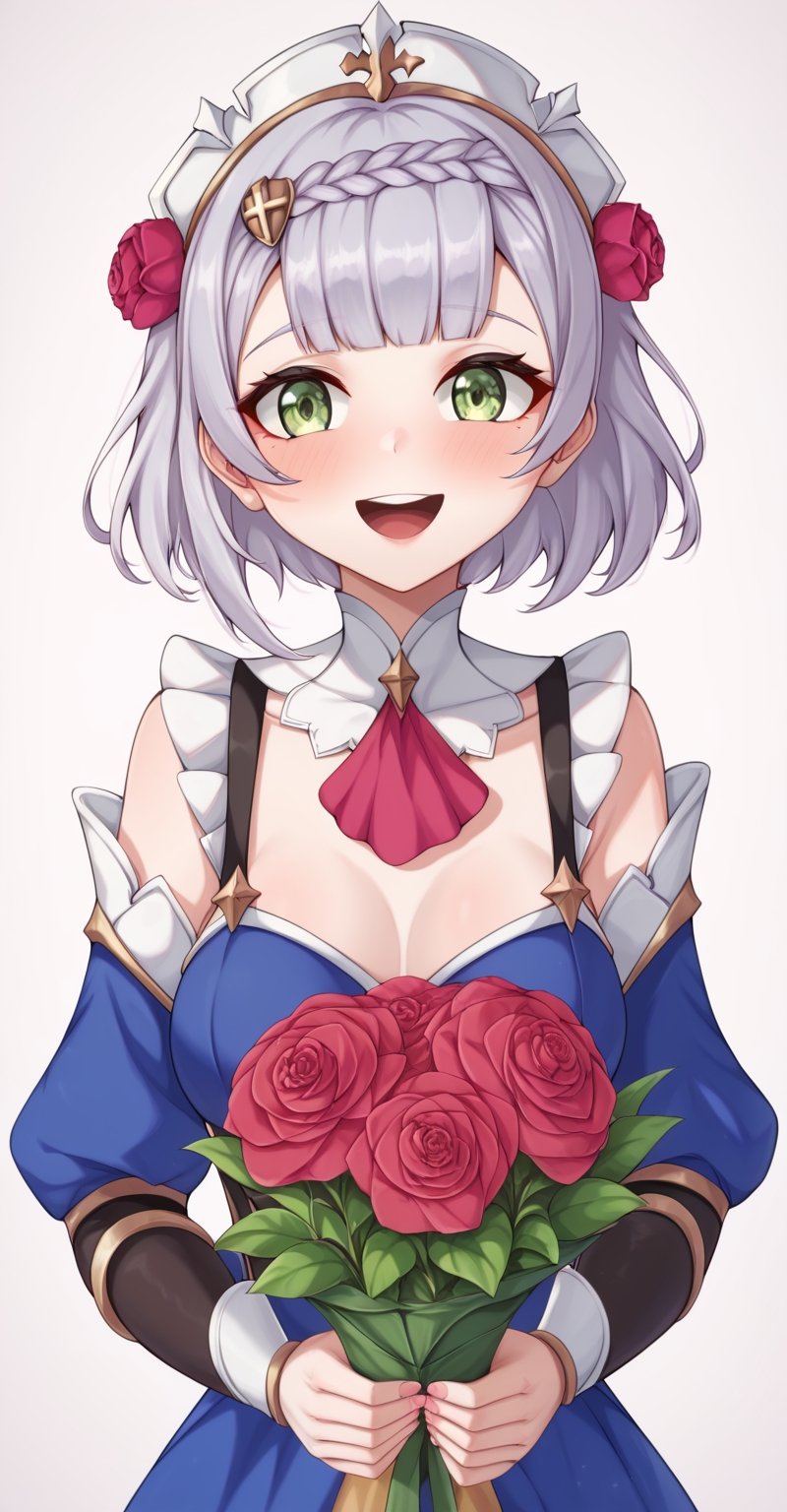 Score_9, Score_8_up, Score_7_up,
1girl, noelle, genshin impact, green eyes, short hair, silver hair, braid, flower, hair flower, hair ornament, blue dress, holding a bouquet of tulips in hands, happy, smile, open mouth, simple background, white background, upper body, pastel, pink theme, warm colours, masterpiece, best quality, aesthetic , art by wlop, art by nixeu