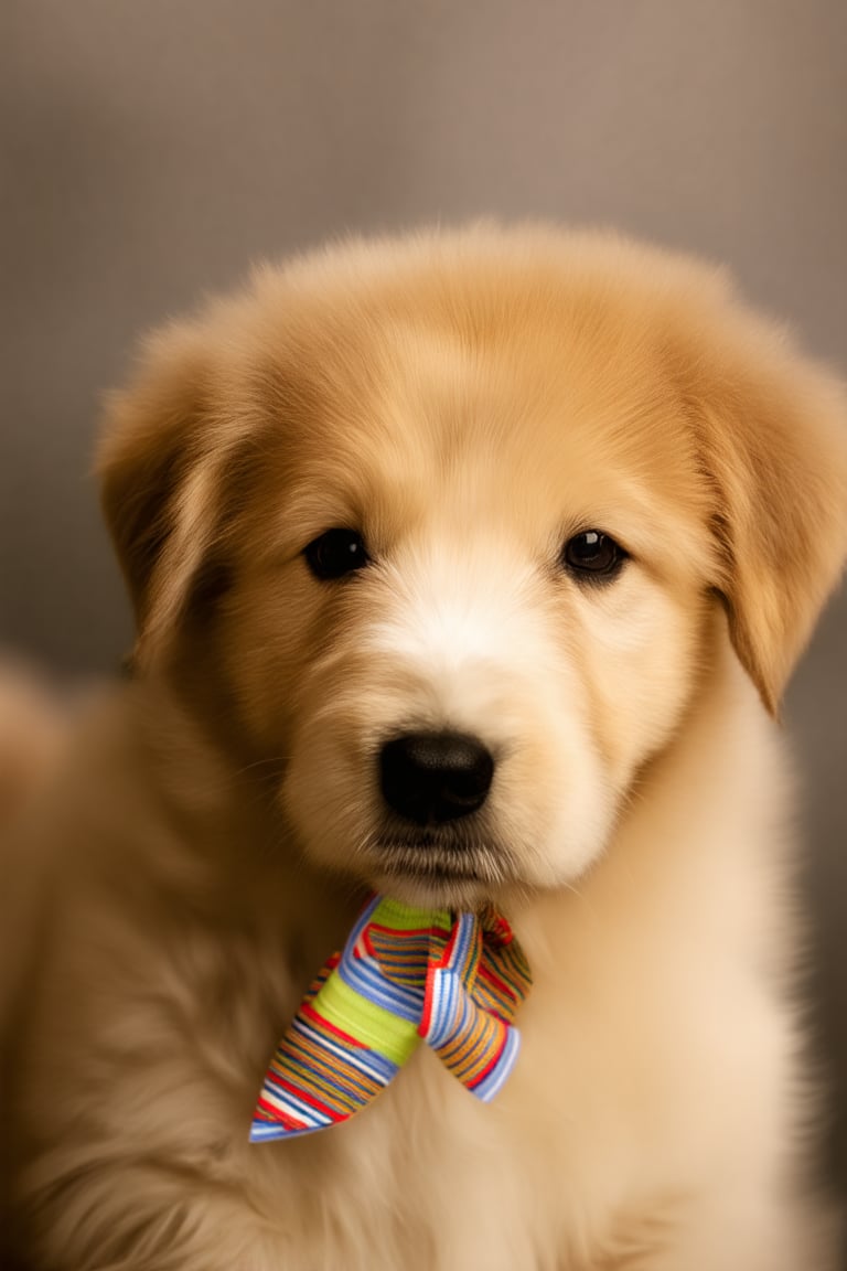 A low-key portrait captures a sweet, innocent-looking puppy's gentle gaze, its fluffy fur and adorable features illuminated by soft, warm light. A vibrant, colorful ribbon wraps around the pup's neck, adding a pop of brightness to the otherwise muted tone. The subject is centered in the frame, with a subtle blurred background that keeps the focus on the playful pup.