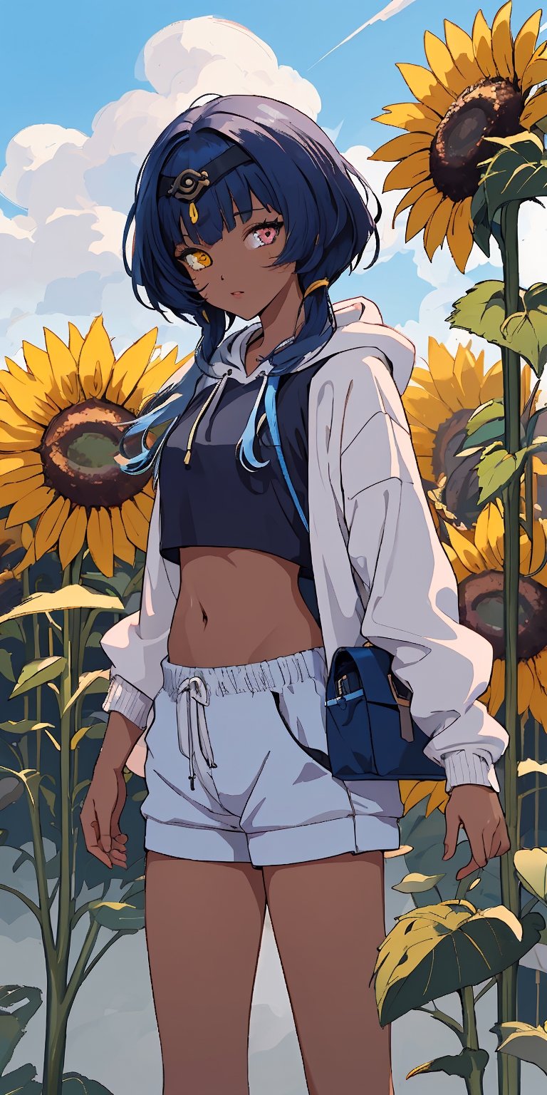 (masterpiece), best quality, ultra-detailed, illustration, (kawaii style), pastel colors, kawaii, cute colors, , 1girl, navel, candacernd, ,heterochromia, dark-skinned female, yellow eyes, blue eyes, tan skin, blue hair, (alternate costume), regular outfit, baggy hoodie, yellow hoodie, sunflower, sunflower fiels, blue sky,candacedef