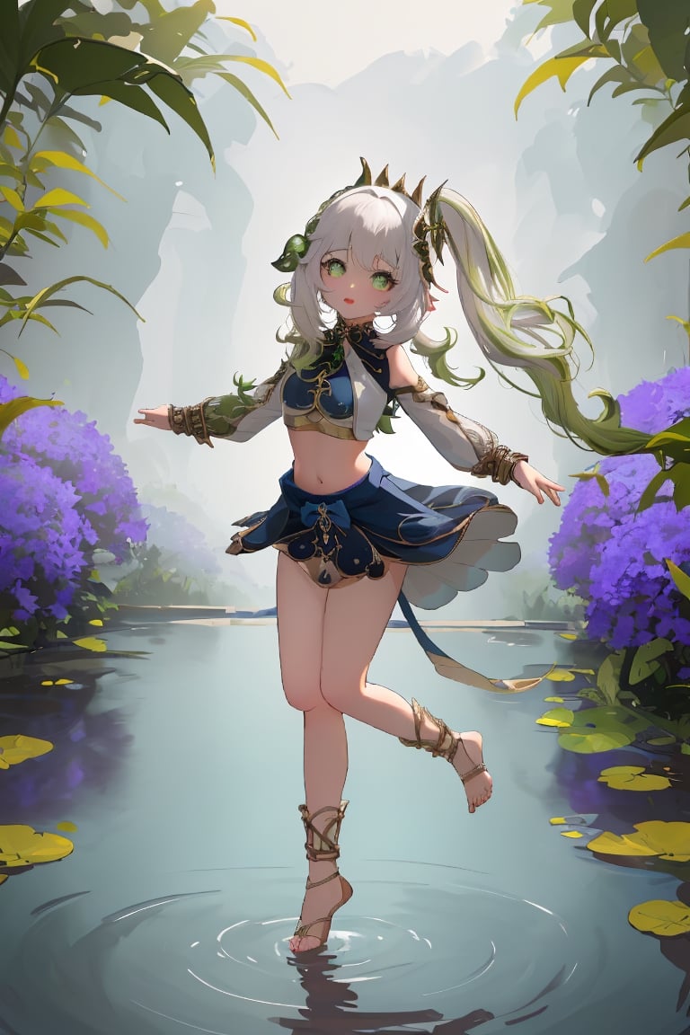 1girl, (pale skin), milf body, adult, standing, contrapossto, blush, parted lips, dancing,bare legs, bare foot, navel,
((nahida's face; nahida's hair; green eyes, elf ears)), 
((nilou's outfit; nilou cosplay, nilodef, crop top, jewelry, horns, veil, bracer, brooch, long sleeves, puffy long sleeves, skirt, bangs, twintails, puffy sleeves, neck ring, gold trim, parted bangs, arm up, circlet, blue skirt, hair ornament, detached sleeves, low twintails, floating hair, gem, hair flower, blue gemstone, dancer, white headwear, medium breasts, midriff)), milf, cute, on pond, above water, forest, animals, purple flower garden,  (knee), niloudef,nilou (genshin impact)