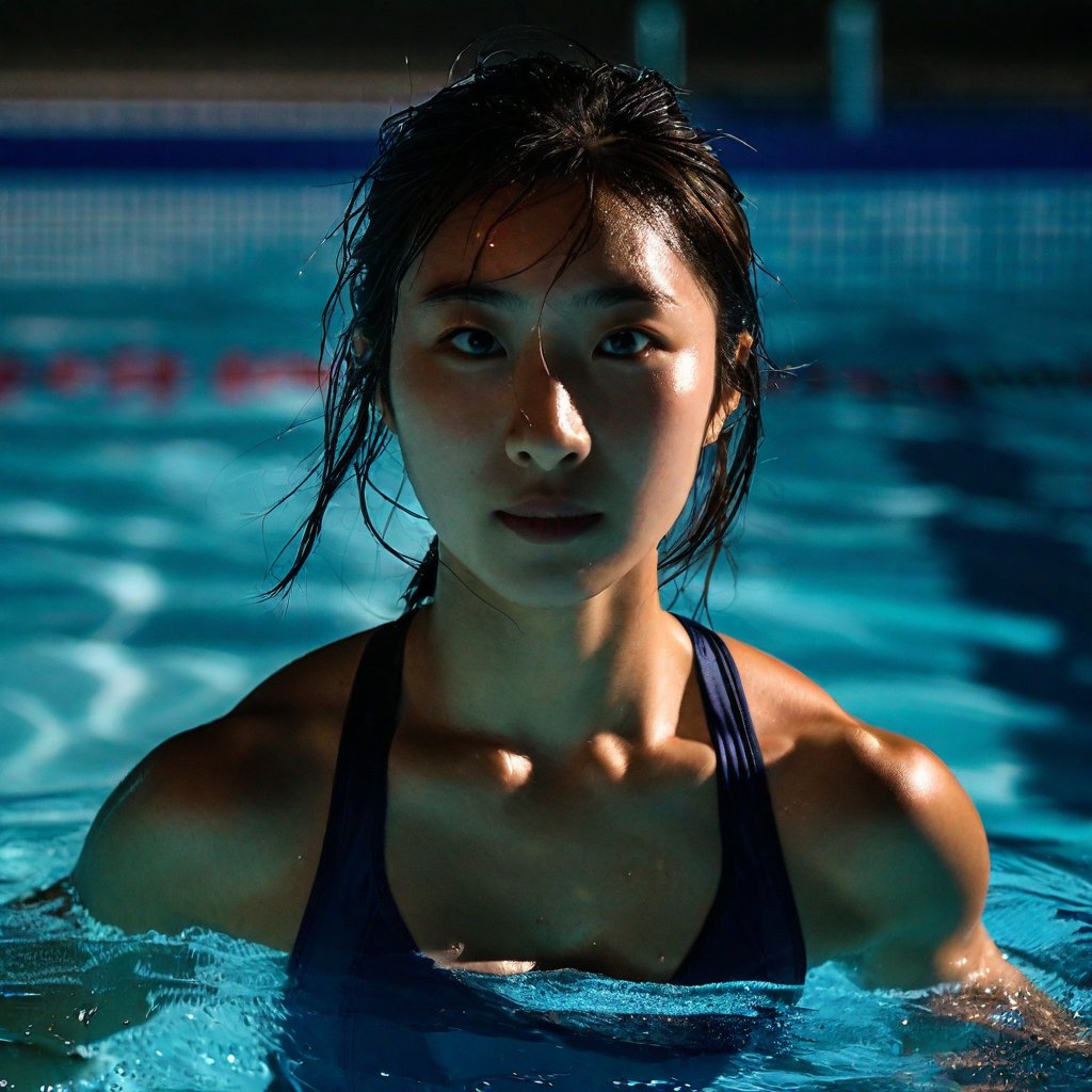 (lowkey), A low-key lit scene captures a breathtaking moment as a stunning korean swimming athlete emerges from the pool, from her hope-filled gaze radiating on her face. Wet skin glistens in the dimly lit surroundings, accentuating every curve and contour. The soft focus and muted tones evoke a sense of intimacy, inviting the viewer to step into the serene atmosphere, (solo)