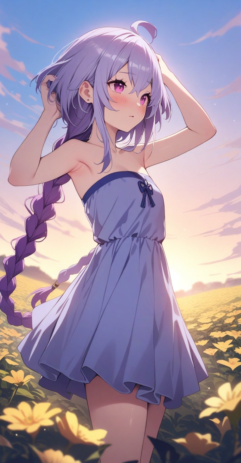 by and.ad, 1girl, Qiqi \(genshin impact\), braided hair, long hair, ((one hand on ear)), silver hair, purple eyes, from behind, , strapless dress, sundress, armpit peek, masterpiece, best quality, amazing quality, very aesthetic, absurdres, depth of field, flower field, windy, sunrise