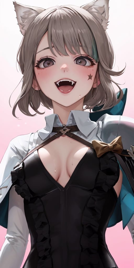 absurdres, highres, ultra detailed, manhwa style, 1girl, (((lewd))),  lynette, , hair bow, animal ears, grey hair, short hair, facial mark, blush, smile, skindentation, bow, ribbon, cleavage cutout, small breasts, capelet, black pantyhose, fangs, looking at viewer, open mouth, smile, sweat, from below, pov, close up, upper body, face focus, depth of field, bokeh, pink background,GI Lynette