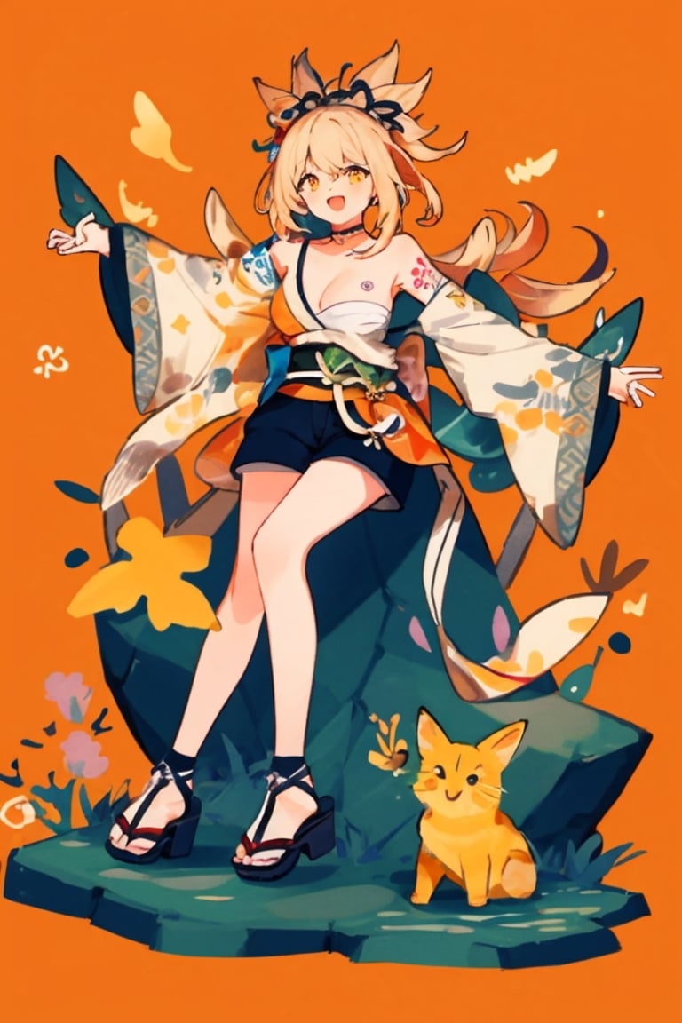 Yoimiya (genshin impact), bare shoulders, 1girl,  yellow eyes,open mouth, hair ornament,high heels, shorts, solo,orange hair, large breasts, legs, simple background, skirt, long hair, looking at viewer,masterpiece, best quality,smile to viewer ,;d,((red background)),autumn
,cartoon,col,dynamic,hiphop,street art,Graffiti,sitting on the rock under the tree,	 SILHOUETTE LIGHT PARTICLES,seaside,form behind ,open arms,no_humans,yoimiyadef