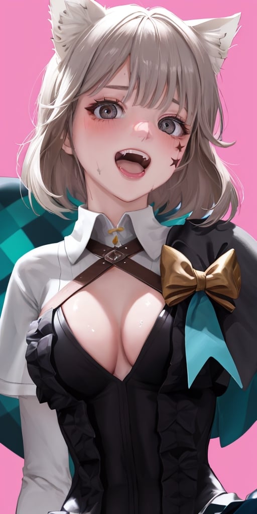 absurdres, highres, ultra detailed, manhwa style, 1girl, lynette, , hair bow, animal ears, grey hair, short hair, facial mark, blush, smile, skindentation, bow, ribbon, cleavage cutout, small breasts, capelet, black pantyhose, fangs, looking at viewer, open mouth, smile, sweat, from below, pov, close up, upper body, face focus, depth of field, bokeh, pink background,GI Lynette