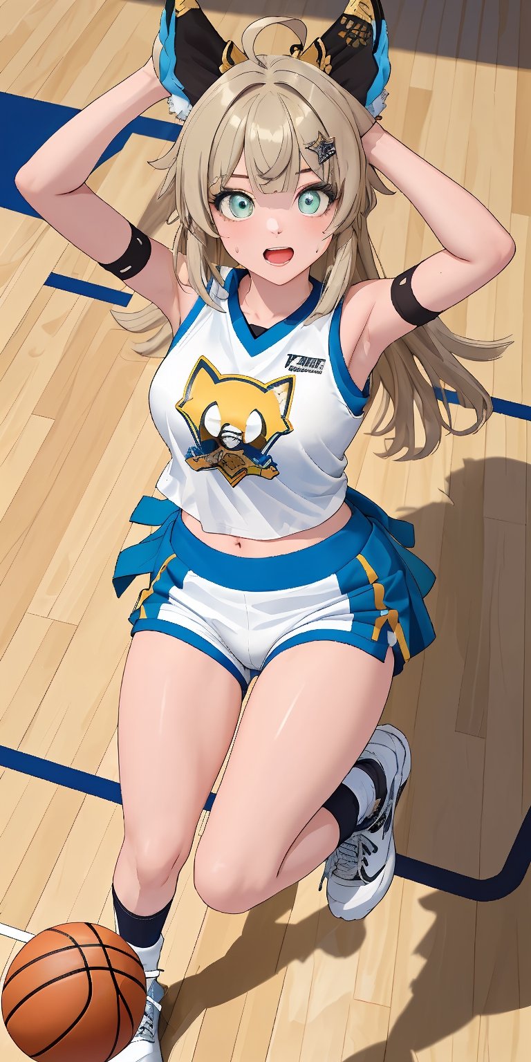(masterpiece, sidelighting, finely detailed beautiful eyes: 1.2), masterpiece*portrait, 3d face, lustrous skin, 1girl, solo, kirara /(genshin impact/), green eyes, two tails, paw, kirara, ahoge, hair ornament, animal ears, , breasts, sportswear, shorts, shirt, white shorts, shoes, armpits, [navel], sleeveless, basketball, looking at viewer, jumping, basketball uniform, sneakers, sweat, sleeveless shirt, open mouth, arm up, ball, (from above), (basketball arena), (basketball)