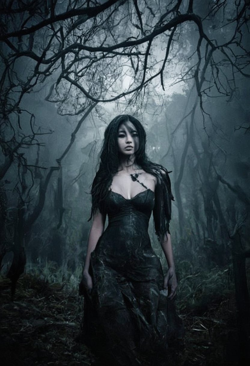 A statuesque beauty stands majestically before a dark mystical forest, her extraordinary obsidian-toned complexion glowing like an otherworldly beacon amidst the eerie gloom. The setting sun's rays cast dramatic shadows across her face, accentuating the intricate textures of her features as she commands the low-angle shot framed by twisted tree branches and misty fog.