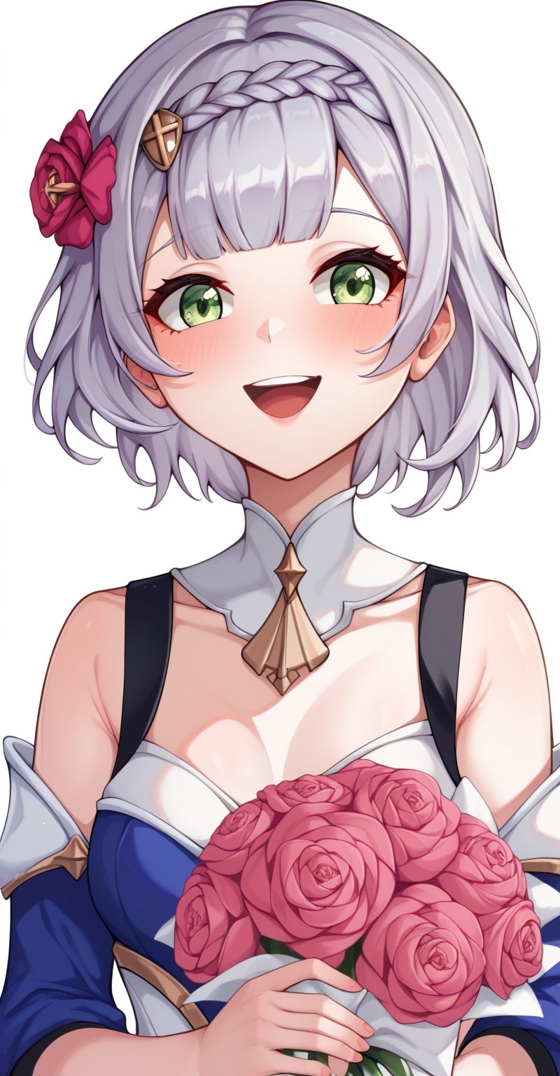 Score_9, Score_8_up, Score_7_up,
1girl, noelle, genshin impact, green eyes, short hair, silver hair, braid, flower, hair flower, hair ornament, blue dress, holding a bouquet of tulips in hands, happy, smile, open mouth, simple background, white background, upper body, pastel, pink theme, warm colours, masterpiece, best quality, aesthetic 