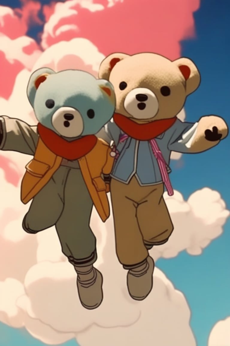 anime girl twintals happy, wearing teddybear clothes, jumping on sky, anime inspired Vorticist by Guy Bourdin vitreous