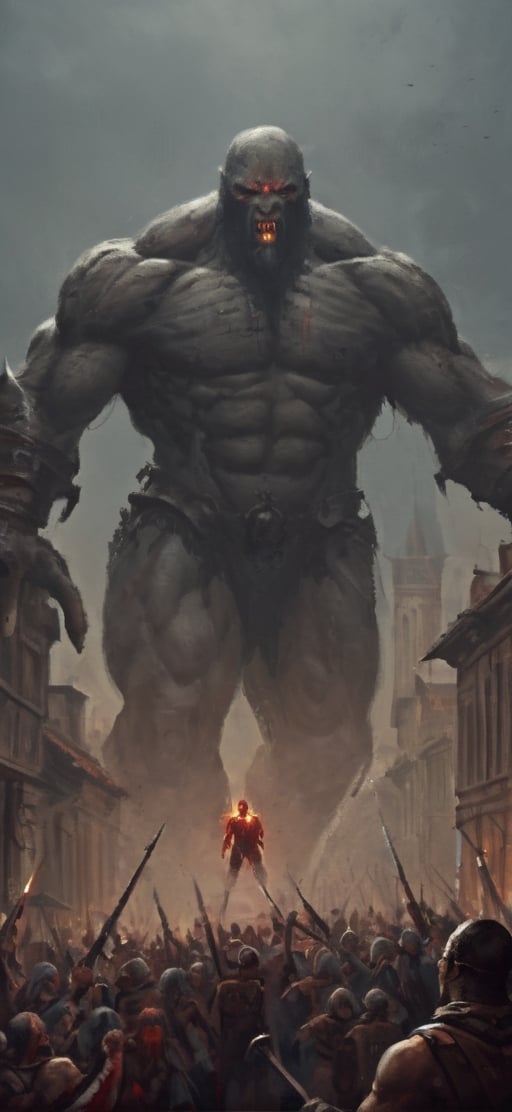  create a giant titan trampling on the people in old city, middle age times, Huge Humanoid bode, oversized hands, wearin heavy armor, enraged on humanity, sharp deformed face.photo takem from human perspective. background of old city, blood moon. dramatic lighting, sharp focus.,monster,more detail XL,painting by jakub rozalski