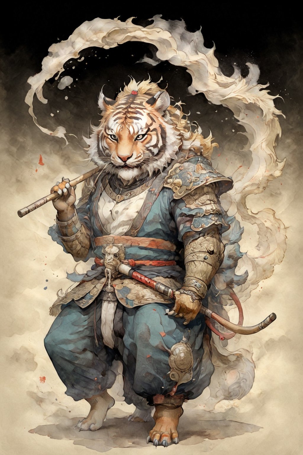 "detailed masterpiece, artwork featuring an astonishingly robust ((Tiger)) in intricately  traditional samurai armor, ((with katanas sheathed on its back)), a fierce and captivating demeanor while perched on a sturdy rock. The artwork should be in a 3D cartoon style, infused with elements of , specifically drawing inspiration from Japanese mythology and traditional artwork. The frog should also wear a samourail ((straw_hat)) backward on its head. The composition should have the tiger's body facing the camera, projecting a commanding presence., in a ((meditative pose)), with one hand gracefully holding a ((churchwarden pipe  with smoke))",mythical clouds,perfect hand,3DMM,
looking_at_viewer,body facing at the viewer,weapon,ink scenery,on parchment,