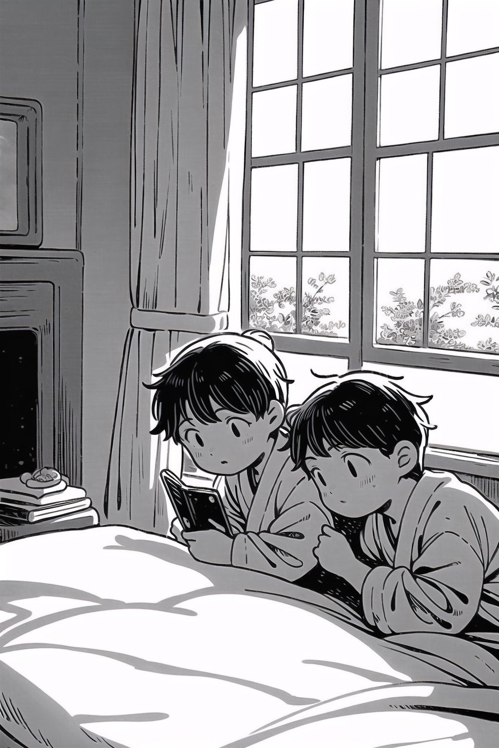 (masterpiece, best quality) In a dimly lit orphanage, a young boy and a young girl are peacefully asleep. Capture the somber atmosphere of the scene, with the soft lighting and the innocent slumber of the two children, Create an artwork that captures this scene, emphasizing the simplicity and serenity of a black and white Japanese manga style, clean line work, striking visuals, bold outlines, (manga influence:1.3)