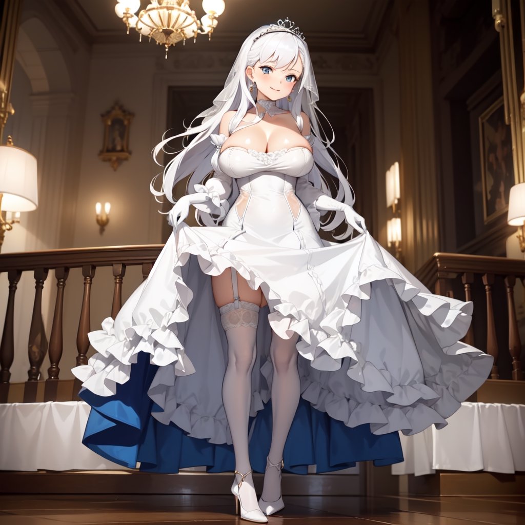 1girl, solo, masterpiece, best quality, colorful, ultrahighres, outside of castle,

full body, earrings, tiaras, huge breast, long hair, lacetrimmed legwear, frilled sleeves, crew neck, brooch, tiaras, stiletto heels, legwear garter, white thighhighs, elbow gloves, 

blush, smile, Skirt lift, 

wedding_dress, Crinoline Dress, aabelfast, white dress, 