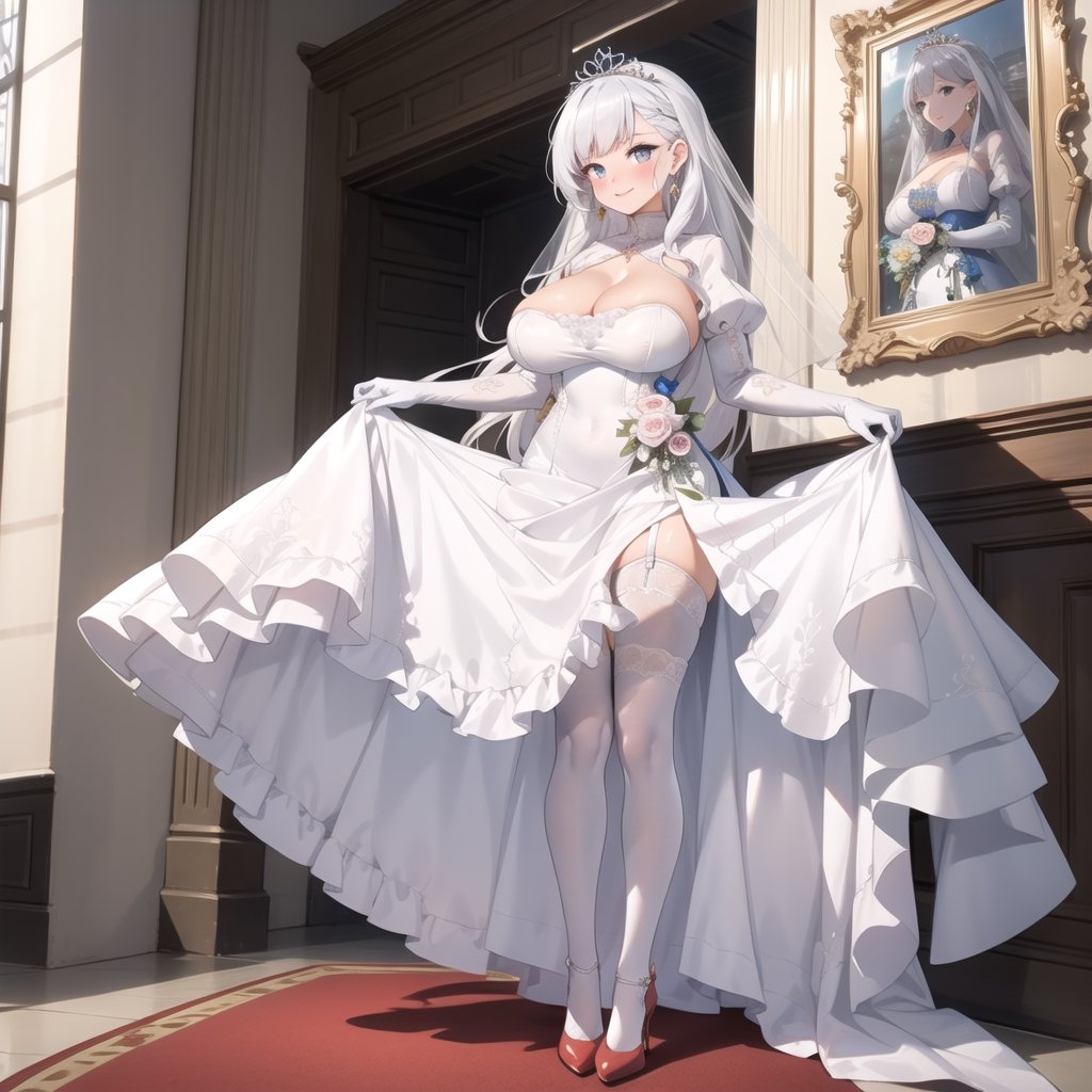 1girl, solo, masterpiece, best quality, colorful, ultrahighres, outside of castle,

full body, earrings, tiaras, huge breast, long hair, lacetrimmed legwear, frilled sleeves, crew neck, brooch, tiaras, stiletto heels, legwear garter, white thighhighs, elbow gloves, 

blush, smile, Skirt lift, 

wedding_dress, Crinoline Dress, aabelfast, white dress, ,Bridal Dress