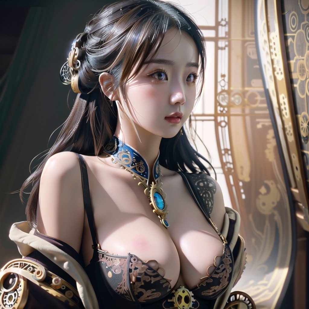 Steampunk, Analog Photography, Extremely Detailed, Surreal, Unreal Engine, Intricate Detail, Very Beautiful, Stunning, Intricate Detail, Surreal, Intricate Detail, Highly Detailed, Wide Depth of Field, Chinese Girl, XXX Boobs,Natural expression, clear hair, super delicate facial features,Fantasy background, fresh style,pretty and cute,boobs