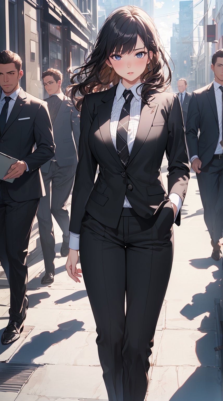 ((masterpiece)), ((best quality)), (detailed), ((high resolution)), ((Extremely detailed CG unified 8k wallpaper)), very detailed, ultra high resolution, highest resolution, very detailed face, very detailed eyes, complete anatomy, very detailed skin, female, ((business suit, black suit pants)), perfect body, wavy hair, walking posture, city hall, natural light,