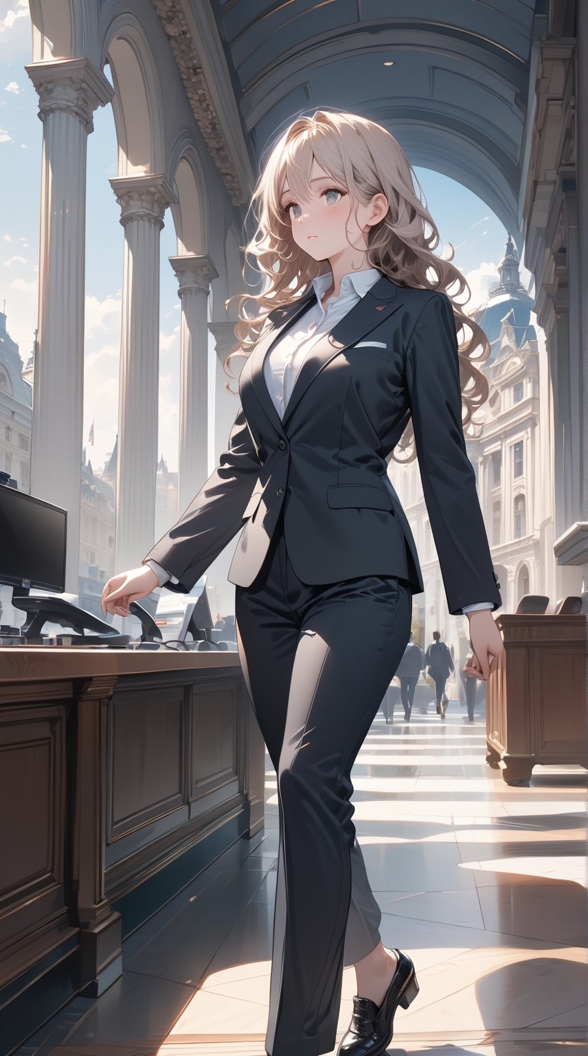 ((masterpiece)), ((best quality)), (detailed), ((high resolution)), ((Extremely detailed CG unified 8k wallpaper)), very detailed, ultra high resolution, highest resolution, very detailed face, very detailed eyes, complete anatomy, very detailed skin, female, solo, ((business suit, black suit pants)), perfect body, wavy hair, walking posture, city hall, natural light,