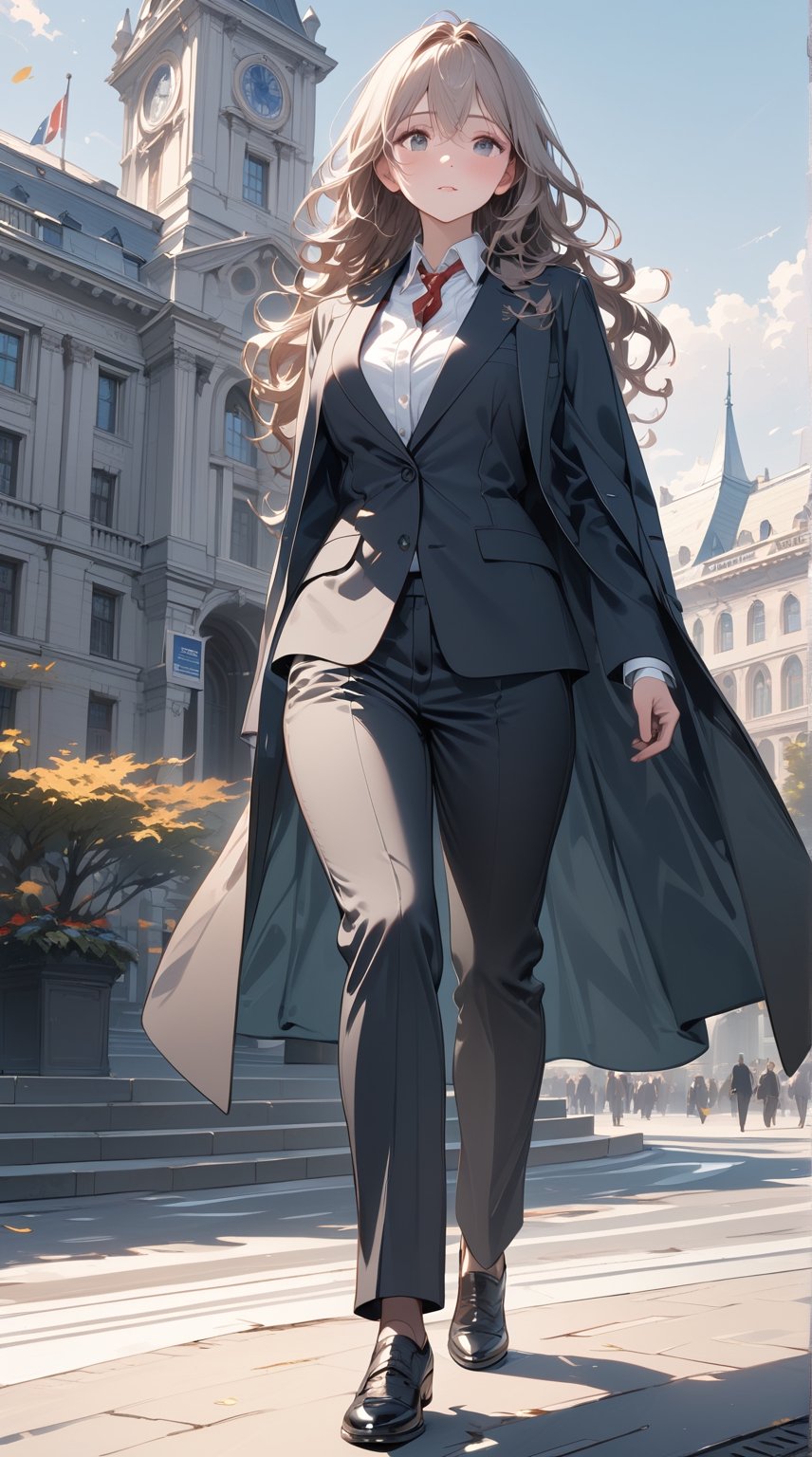 ((masterpiece)), ((best quality)), (detailed), ((high resolution)), ((Extremely detailed CG unified 8k wallpaper)), very detailed, ultra high resolution, highest resolution, very detailed face, very detailed eyes, complete anatomy, very detailed skin, female, solo, ((business suit, black suit pants)), (Wearing a long coat over a suit), perfect body, wavy hair, walking posture, city hall, natural light,