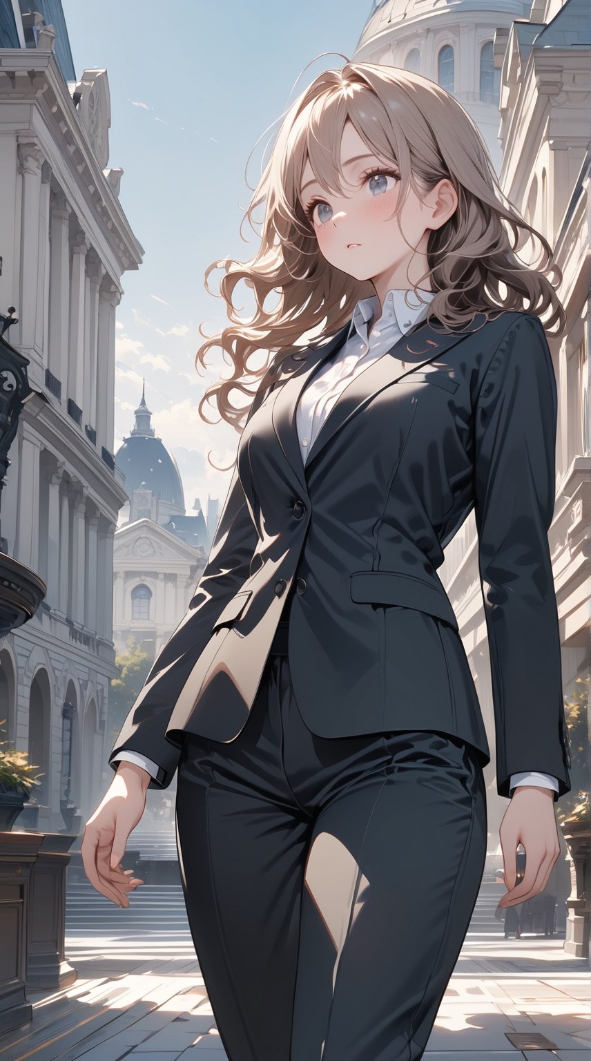 ((masterpiece)), ((best quality)), (detailed), ((high resolution)), ((Extremely detailed CG unified 8k wallpaper)), very detailed, ultra high resolution, highest resolution, very detailed face, very detailed eyes, complete anatomy, very detailed skin, female, solo, ((business suit, black suit pants)), perfect body, wavy hair, walking posture, city hall, natural light,