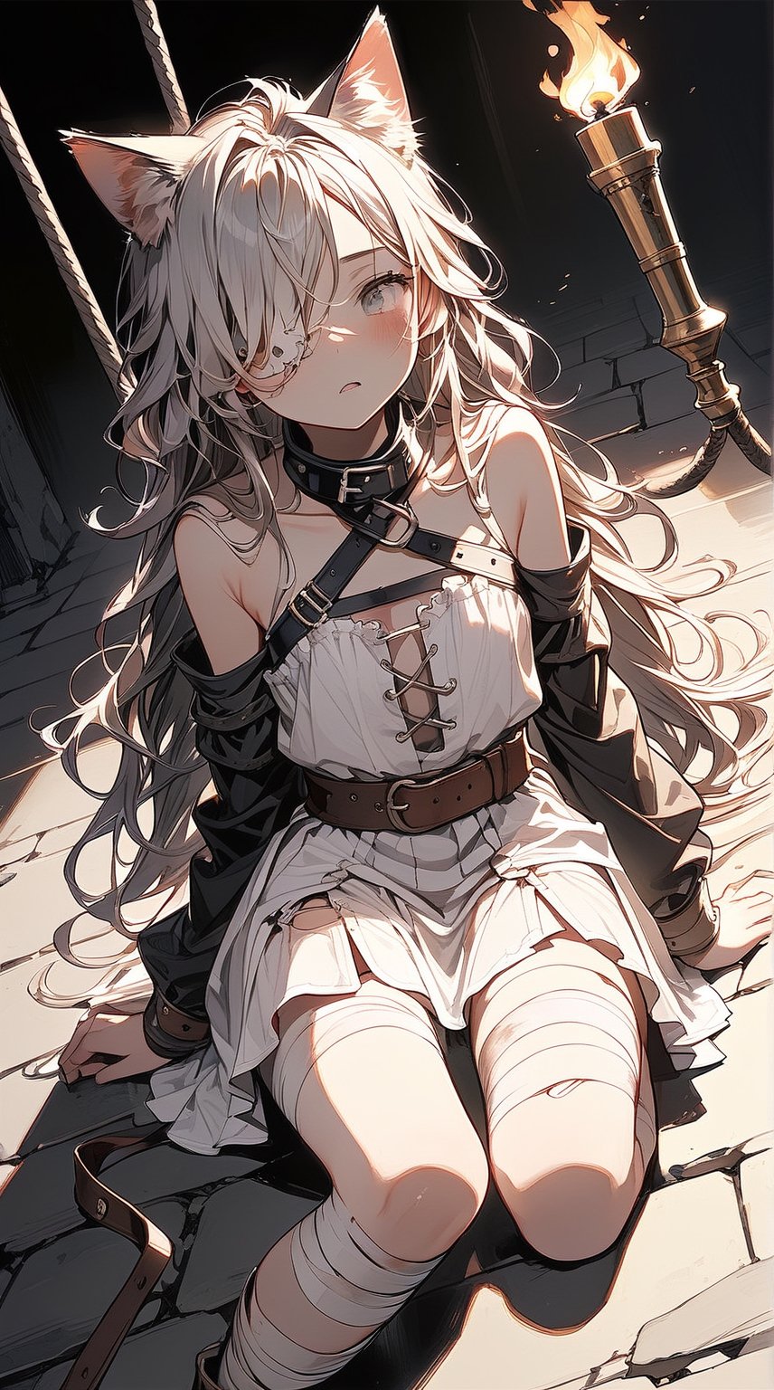 //quality, (masterpiece:1.3), (detailed), ((,best quality,)),//,1girl,solo,(cat_girl:1.4),slave,//,gray hair,messy_hair,long_hair,gray eye,(empty_eye:1.4),bandage over one eye,
,//,slave_restraints outfit,gray slave dress,(torn_clothes:1.2),bandages,bandaged_arms,bandaged_leg,//,blush,looking_above,//,dungeon,stone wall,torch on the wall,(dark background:1.3), indoor , Europe Medieval, 