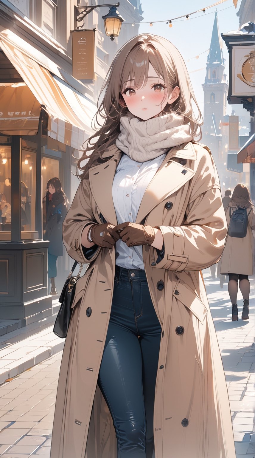 1lady standing, /(stylish outfit, beige long Coat, muffler, Gloves/), mature female, /(brown hair, long hair/) bangs, blush (eyes sparkling with fascination), (masterpiece,best quality:1.2), delicate illustration ultra-detailed, main street