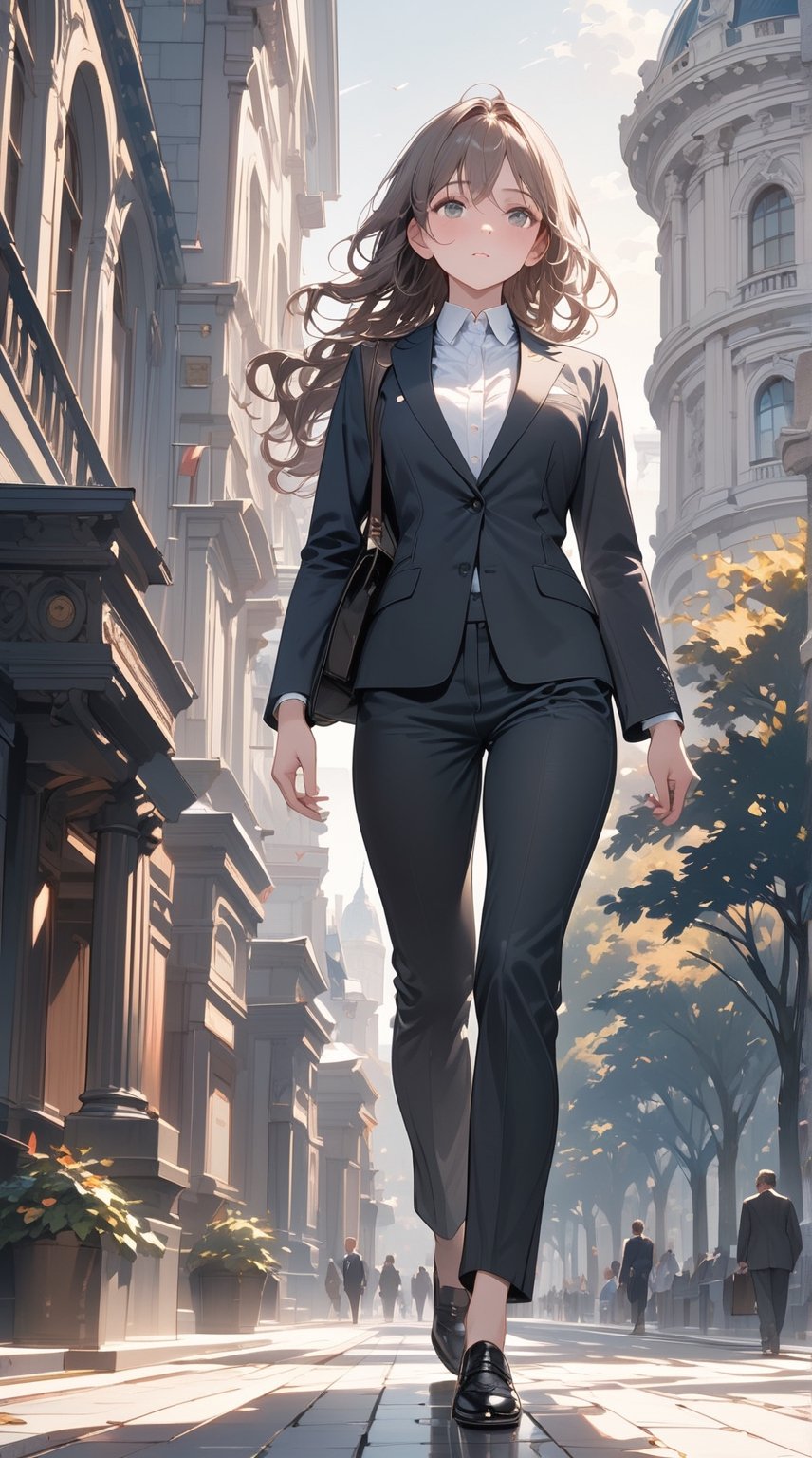 ((masterpiece)), ((best quality)), (detailed), ((high resolution)), ((Extremely detailed CG unified 8k wallpaper)), very detailed, ultra high resolution, highest resolution, very detailed face, very detailed eyes, complete anatomy, very detailed skin, female, solo, ((business suit, black suit pants)), (Wearing a long coat over a suit), perfect body, wavy hair, walking posture, city hall, natural light,