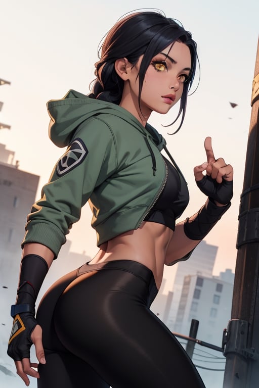 Latina, yellow eyes, Female, Braids, Hatake Kakashi, Hoodie, Teen, Black Leggings, muscular woman, Fingerless gloves, black hair, short chitons, warrior, solo, dark skinned 