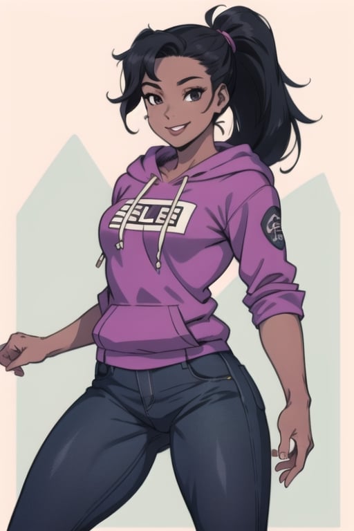 Black eyes, Black hair, female, female_solo, hoodie, skinny jeans , smile, skin purple skin, Teen, short ponytail, brown _skin